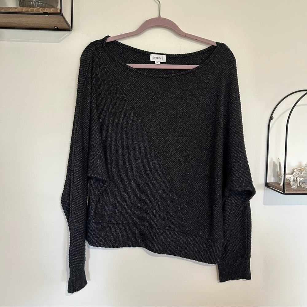 Evereve Dark Charcoal Gray Long Sleeve Micro Ribbed Blouse Shirt Size Large